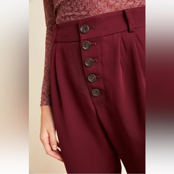 Anthropologie Sasha Button Fly Tapered High Rise Trousers Pants Wine Red Sz 8 - Picture 2 of 15